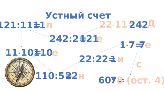 Устный счет Д 22  11= 242 л 121:11= 11 е 242:2= 121 1  7= 7 е 11  10= е 110 и 22:22= 1 с н 22 110:5= 60: 7= 8 (ост. 4)