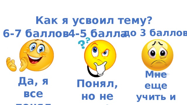 Как я усвоил тему? 6-7 баллов 4-5 балла до 3 баллов Мне еще учить и учить… Да, я все понял Понял, но не все!