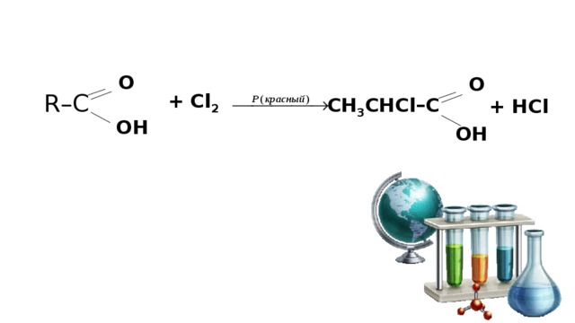 O  O  R–C  + Cl 2  CH 3 CHCl–C  + HCl OH  OH  