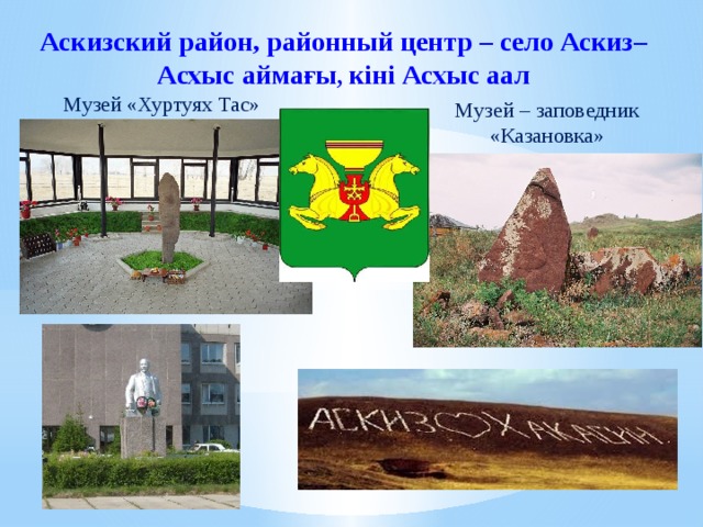 Аскизский район, районный центр – село Аскиз– Асхыс аймағы , кiнi Асхыс аал Музей «Хуртуях Тас» Музей – заповедник «Казановка» 