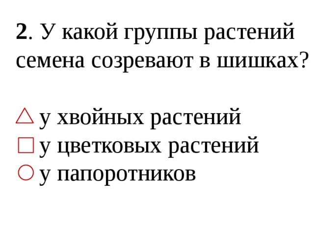 2 . У какой группы растений семена созревают в шишках?  у хвойных растений  у цветковых растений  у папоротников 