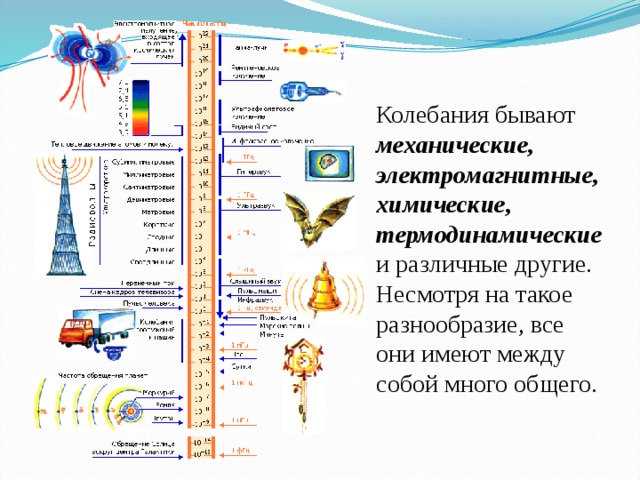 Колебания бывают механические, электромагнитные, химические, термодинамические и различные другие. Несмотря на такое разнообразие, все они имеют между собой много общего. 