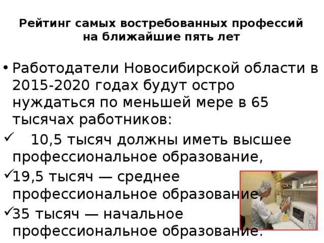  Рейтинг самых востребованных профессий на ближайшие пять лет   Работодатели Новосибирской области в 2015-2020 годах будут остро нуждаться по меньшей мере в 65 тысячах работников:  10,5 тысяч должны иметь высшее профессиональное образование, 19,5 тысяч — среднее профессиональное образование, 35 тысяч — начальное профессиональное образование. 