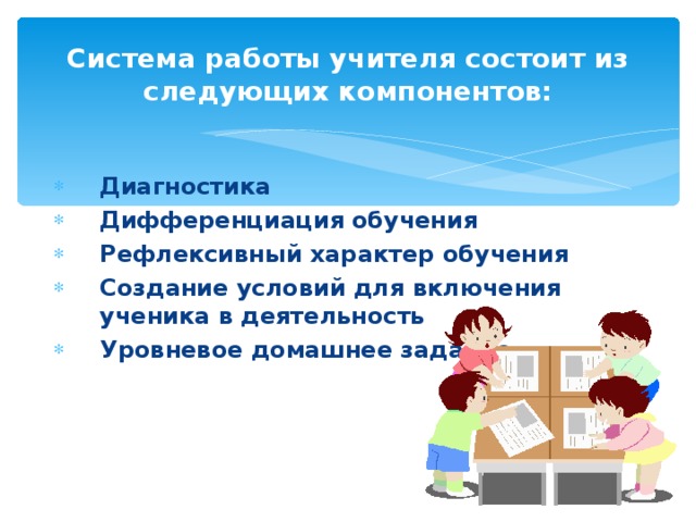 Система работы учителя состоит из следующих компонентов: Диагностика  Дифференциация  обучения Рефлексивный характер обучения Создание условий для включения ученика в деятельность Уровневое домашнее задание 