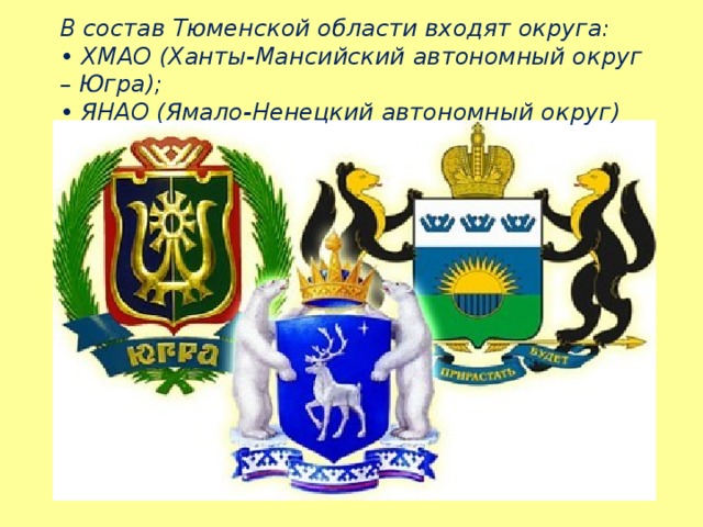 В состав Тюменской области входят округа: • ХМАО (Ханты-Мансийский автономный округ – Югра); • ЯНАО (Ямало-Ненецкий автономный округ) 