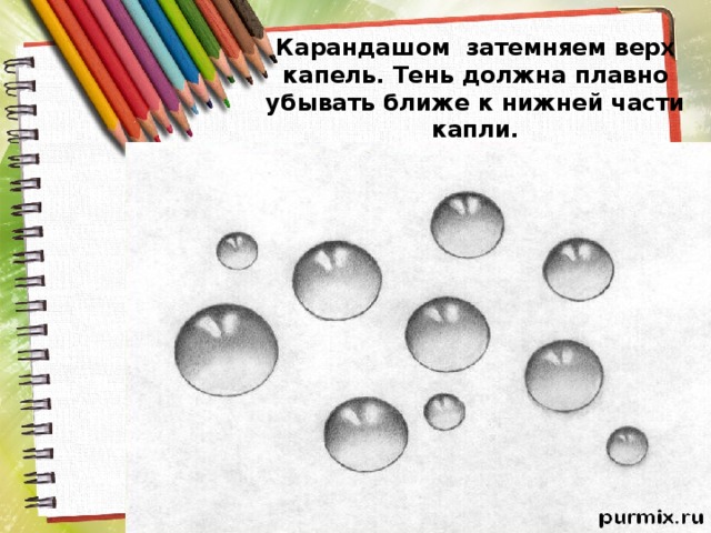 Карандашом затемняем верх капель. Тень должна плавно убывать ближе к нижней части капли.   