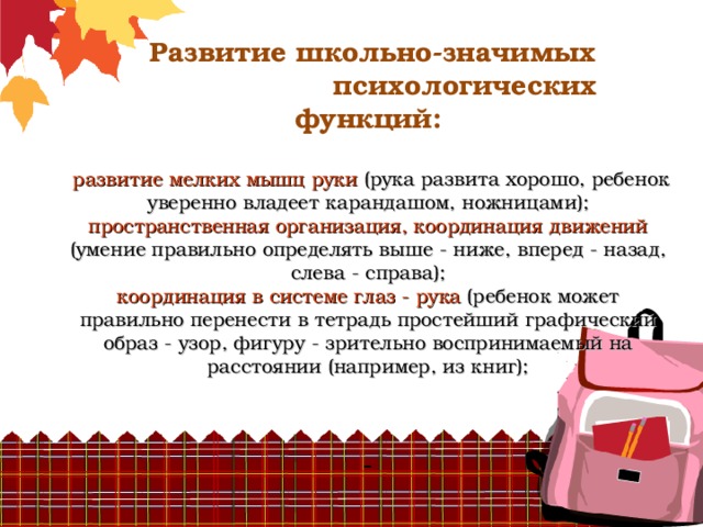        Развитие школьно-значимых психологических функций:    развитие мелких мышц руки (рука развита хорошо, ребенок уверенно владеет карандашом, ножницами);  пространственная организация, координация движений (умение правильно определять выше - ниже, вперед - назад, слева - справа);  координация в системе глаз - рука (ребенок может правильно перенести в тетрадь простейший графический образ - узор, фигуру - зрительно воспринимаемый на расстоянии (например, из книг);      - 