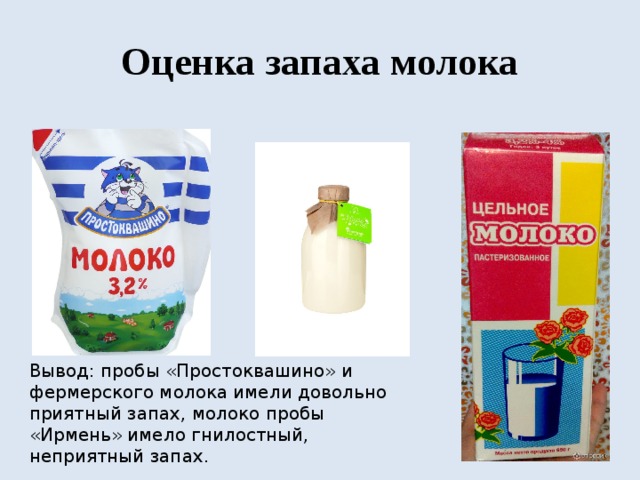 Оценка запаха молока Вывод: пробы «Простоквашино» и фермерского молока имели довольно приятный запах, молоко пробы «Ирмень» имело гнилостный, неприятный запах. 