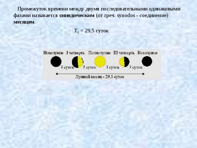 Промежуток времени между двумя последовательными одинаковыми фазами называется синодическим (от греч. synodos - соединение) месяцем . Т 0 = 29,5 суток 
