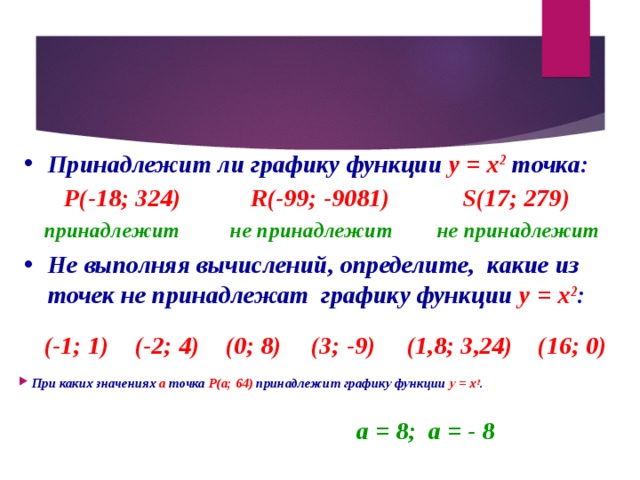 Принадлежит ли графику функции  у = х 2  точка :    P(-18; 324) R(-99; -9081) S(17; 279)          не принадлежит принадлежит не принадлежит          Не выполняя вычислений, определите, какие из точек не принадлежат графику функции  у = х 2 :    (1,8; 3,24) (16; 0) (-2; 4) (3; -9) (0; 8) (-1; 1)                   При каких значениях а точка Р(а; 64) принадлежит графику функции у = х 2 .    а = 8; а = - 8    