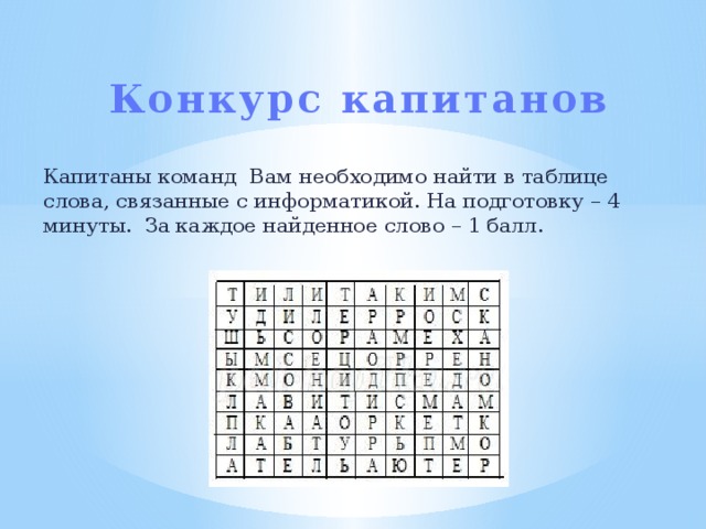   Конкурс капитанов  Капитаны команд  Вам необходимо найти в таблице слова, связанные с информатикой. На подготовку – 4 минуты.  За каждое найденное слово – 1 балл.   