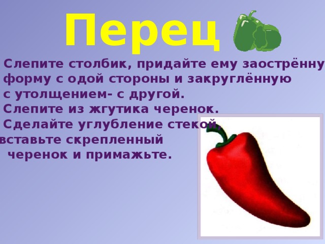 Перец Слепите столбик, придайте ему заострённую  форму с одой стороны и закруглённую  с утолщением- с другой. 2. Слепите из жгутика черенок. 3. Сделайте углубление стекой,  вставьте скрепленный  черенок и примажьте. 
