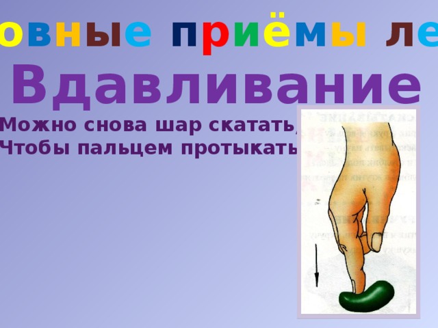 О с н о в н ы е п р и ё м ы  л е п к и Вдавливание Можно снова шар скатать, Чтобы пальцем протыкать. 
