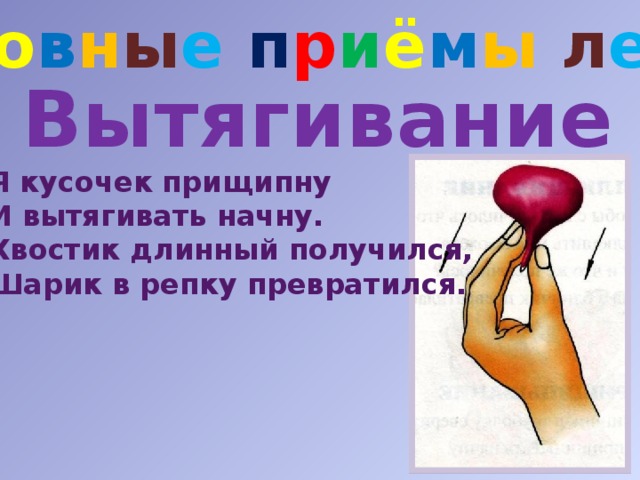 О с н о в н ы е п р и ё м ы  л е п к и Вытягивание Я кусочек прищипну И вытягивать начну. Хвостик длинный получился, Шарик в репку превратился. 