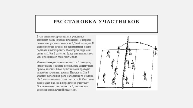 Расстановка участников   В спортивном соревновании участники занимают зоны игровой площадки. В первой линии они располагаются на 2,3 и 4 позиции. В данном случае игроки по зонам имеют право подавать и блокировать. Во втором ряду, они стоят на 1,5 и 6 отметке. Здесь они принимают мяч и защищают свою часть поля. Члены команды, занимающие 1 и 5 позицию, имеют право подавать и оказывать защиту при приеме и атаке. Свои действия они проводят только из точки нападения. Игроки на 2 и 4 участке выполняют роль нападающего и блока. На 3 месте человек стоит под сеткой. Он ставит блок и дает пас, но в передаче не участвует. Основным местом считается 6, так как там располагается лучший защитник. 
