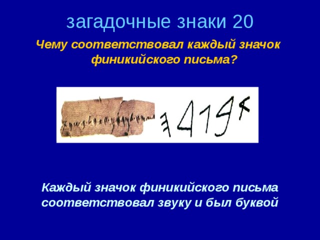 загадочные знаки 20 Чему соответствовал каждый значок финикийского письма? Каждый значок финикийского письма соответствовал звуку и был буквой
