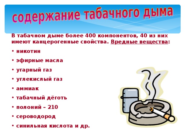В табачном дыме более 400 компонентов, 40 из них имеют канцерогенные свойства. Вредные вещества :  никотин  эфирные масла  угарный газ  углекислый газ  аммиак  табачный дёготь  полоний – 210  сероводород  синильная кислота и др.   