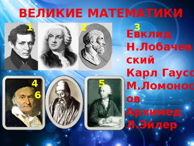 ВЕЛИКИЕ МАТЕМАТИКИ  1 2 3 Евклид Н.Лобачевский Карл Гаусс М.Ломоносов Архимед Л.Эйлер  4 5 6 