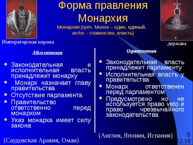 Форма правления  Монархия  Монархия (греч. Monos – один, единый,  arche – главенство, власть) Императорская корона держава  Абсолютная  Законодательная и исполнительная власть принадлежит монарху  Монарх назначает главу правительства Отсутствие парламента Правительство ответственно перед монархом Указ монарха имеет силу закона  (Саудовская Аравия, Оман) Ограниченная  Законодательная власть принадлежит парламенту Исполнительная власть у правительства Монарх ответственен перед парламентом Предусмотрено но не используется право veto и право чрезвычайного законодательства ( Англия, Япония, Испания ) 