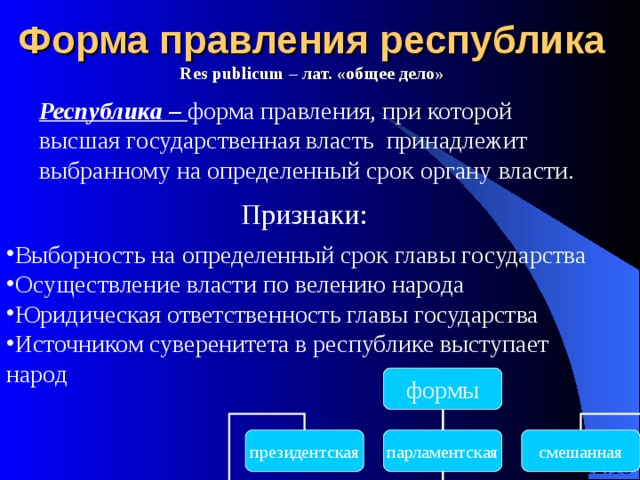 Форма правления республика Res publicum – лат. «общее дело» Республика – форма правления, при которой высшая государственная власть принадлежит выбранному на определенный срок органу власти. Признаки: Выборность на определенный срок главы государства Осуществление власти по велению народа Юридическая ответственность главы государства Источником суверенитета в республике выступает народ формы президентская парламентская смешанная 