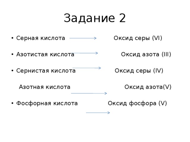 Задание 2 Серная кислота Оксид серы (VI) Азотистая кислота Оксид азота (III) Сернистая кислота Оксид серы (IV)  Азотная кислота Оксид азота(V) Фосфорная кислота Оксид фосфора (V) 