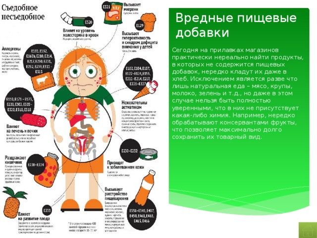 Вредные пищевые добавки Сегодня на прилавках магазинов практически нереально найти продукты, в которых не содержится пищевых добавок, нередко кладут их даже в хлеб. Исключением является разве что лишь натуральная еда – мясо, крупы, молоко, зелень и т.д., но даже в этом случае нельзя быть полностью уверенными, что в них не присутствует какая-либо химия. Например, нередко обрабатывают консервантами фрукты, что позволяет максимально долго сохранить их товарный вид. 