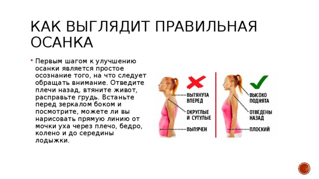 Как выглядит правильная осанка Первым шагом к улучшению осанки является простое осознание того, на что следует обращать внимание. Отведите плечи назад, втяните живот, расправьте грудь. Встаньте перед зеркалом боком и посмотрите, можете ли вы нарисовать прямую линию от мочки уха через плечо, бедро, колено и до середины лодыжки. 