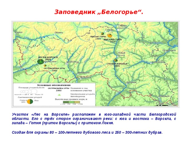 Заповедник „Белогорье“. Участок «Лес на Ворскле» расположен в юго-западной части Белгородской области. Его с трёх сторон ограничивают реки: с юга и востока – Ворскла, с запада – Готня (приток Ворсклы) с притоком Локня. Создан для охраны 80 – 100-летнего дубового леса и 250 – 300-летних дубрав.  
