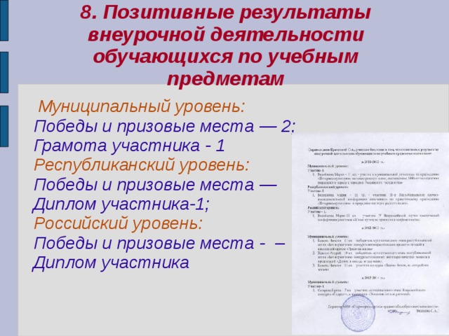 8. Позитивные результаты внеурочной деятельности обучающихся по учебным предметам  Муниципальный уровень: Победы и призовые места — 2; Грамота участника - 1 Республиканский уровень: Победы и призовые места — Диплом участника-1; Российский уровень: Победы и призовые места - – Диплом участника 