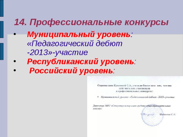 14. Профессиональные конкурсы Муниципальный уровень : «Педагогический дебют -2013»-участие Республиканский уровень :  Российский уровень : 