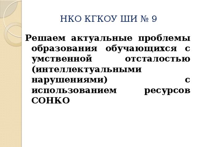 НКО КГКОУ ШИ № 9 Решаем актуальные проблемы образования обучающихся с умственной отсталостью (интеллектуальными нарушениями) с использованием ресурсов СОНКО 