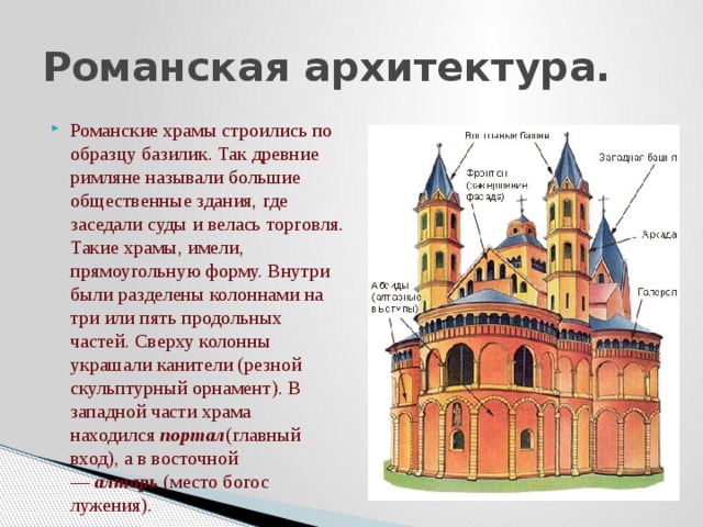 Романская архитектура. Романские храмы строились по образцу базилик. Так древние римляне называли большие общественные зда­ния, где заседали суды и велась торговля. Такие храмы, имели, прямоугольную форму. Внутри были разделены колоннами на три или пять продольных частей. Сверху колонны украшали канители (резной скульптурный орнамент). В западной части храма находился  портал (главный вход), а в восточной —  алтарь  (место богос­лужения). 