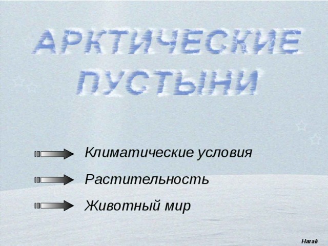 Климатические условия Растительность Животный мир Назад 