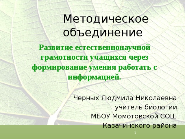 Методическое объединение Развитие естественнонаучной грамотности учащихся через формирование умения работать с информацией. Черных Людмила Николаевна учитель биологии МБОУ Момотовской СОШ Казачинского района  