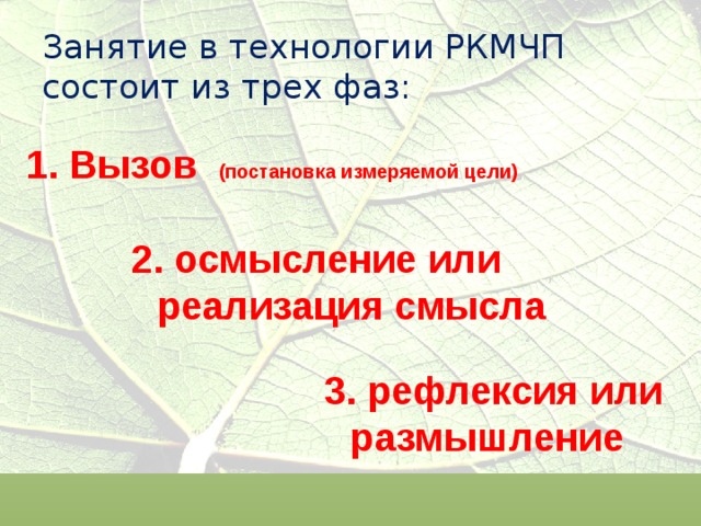 Занятие в технологии РКМЧП состоит из трех фаз: 1. Вызов (постановка измеряемой цели)  2. осмысление или реализация смысла  3. рефлексия  или  размышление  
