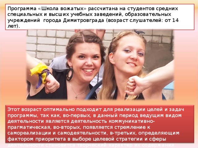 Программа «Школа вожатых» рассчитана на студентов средних специальных и высших учебных заведений, образовательных учреждений города Димитровграда (возраст слушателей: от 14 лет). Этот возраст оптимально подходит для реализации целей и задач программы, так как, во-первых, в данный период ведущим видом деятельности является деятельность коммуникативно-прагматическая, во-вторых, появляется стремление к самореализации и самодеятельности, в-третьих, определяющим фактором приоритета в выборе целевой стратегии и сферы деятельности становится творческий характер их содержания. 