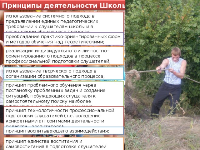 Принципы деятельности Школы Вожатых использование системного подхода в предъявлении единых педагогических требований к слушателям школы и в организации обучающего процесса; преобладание практико-ориентированных форм и методов обучения над теоретическими; реализация индивидуального и личностно–ориентированного подходов в процессе профессиональной подготовки слушателей; использование творческого подхода в организации образовательного процесса; принцип проблемного обучения через постановку проблемных задач и создание ситуаций, побуждающих слушателя к самостоятельному поиску наиболее эффективных путей для их решения; принцип технологичности профессиональной подготовки слушателей (т.е. овладение конкретными алгоритмами деятельности педагога - воспитателя); принцип воспитывающего взаимодействия; принцип единства воспитания и самовоспитания в подготовке слушателей школы. 