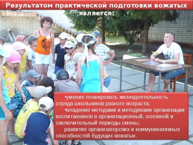 Результатом практической подготовки вожатых является: умение планировать жизнедеятельность отряда школьников разного возраста; владение методами и методиками организации воспитанников в организационный, основной и заключительный периоды смены; развитие организаторских и коммуникативных способностей будущих вожатых.  