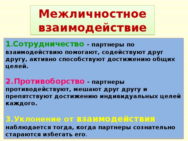 Межличностное взаимодействие 1 . Сотрудничество  - партнеры по взаимодействию помогают, содействуют друг другу, активно способствуют достижению общих целей.   2.Противоборство - партнеры противодействуют, мешают друг другу и препятствуют достижению индивидуальных целей каждого.   3.Уклонение от взаимодействия наблюдается тогда, когда партнеры сознательно стараются избегать его . 