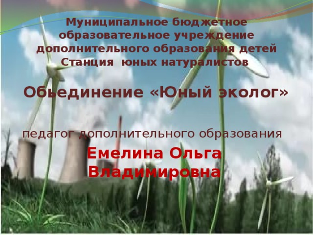 Муниципальное бюджетное образовательное учреждение дополнительного образования детей Станция юных натуралистов  Обьединение «Юный эколог»  педагог дополнительного образования  Емелина Ольга Владимировна 