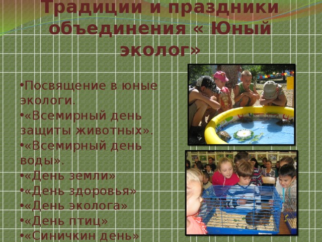 Традиции и праздники объединения « Юный эколог» Посвящение в юные экологи. «Всемирный день защиты животных». «Всемирный день воды». «День земли» «День здоровья» «День эколога» «День птиц» «Синичкин день» 