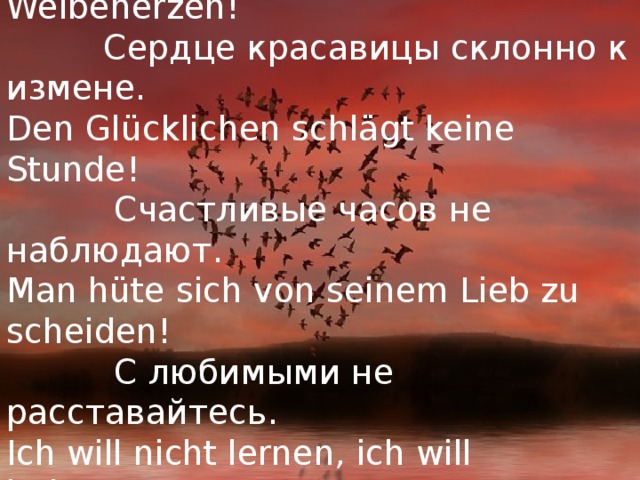 Ein jeder kennt die Lieb’ auf Erden!  Любви все возрасты покорны. Oh! Wie trügerisch sind die Weibeherzen!  Сердце красавицы склонно к  измене. Den Glücklichen schlägt keine Stunde!  Счастливые  часов  не  наблюдают . Man hüte sich von seinem Lieb zu scheiden!  С любимыми не расставайтесь . Ich will nicht lernen, ich will heiraten!   Не хочу учиться, а хочу жениться .  
