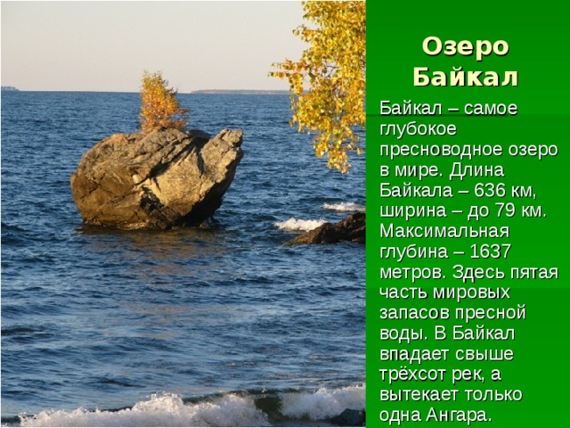 Озеро Байкал Байкал – самое глубокое пресноводное озеро в мире. Длина Байкала – 636 км, ширина – до 79 км. Максимальная глубина – 1637 метров. Здесь пятая часть мировых запасов пресной воды. В Байкал впадает свыше трёхсот рек, а вытекает только одна Ангара. 