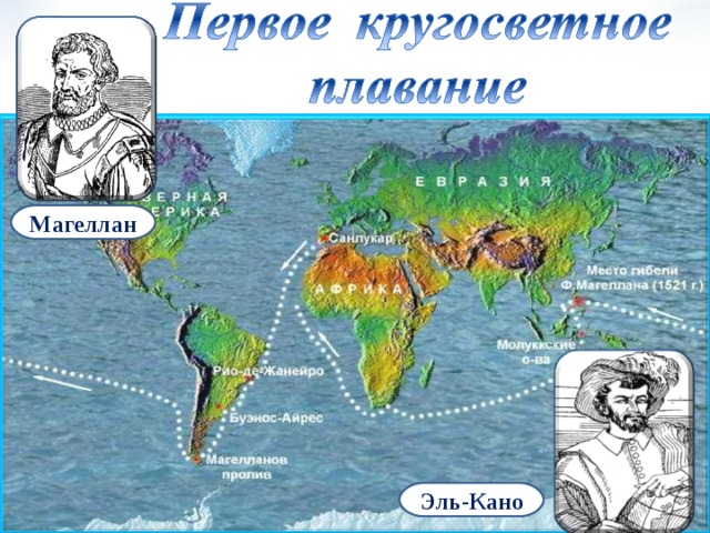 Магеллан Ни одного портрета Эль-Кано не сохранилось, а может быть, и не существовало. Художник И. Сулоага, баск по национальности, написал на своей картине: «Таков, по моему мнению, мог быть облик нашего великого Эль-Кано». Датой рождения первого кругосветного мореплавателя называют либо 1487, либо 1476 год. Скончался Эль-Кано 6 августа 1526 года.   Эль-Кано  