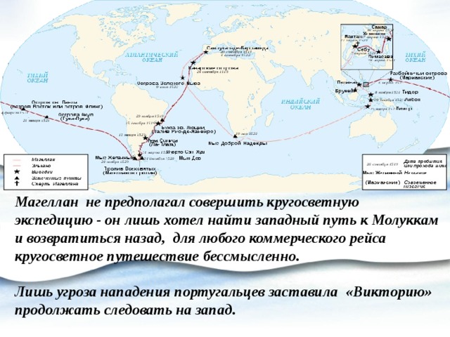 Магеллан не предполагал совершить кругосветную экспедицию - он лишь хотел найти западный путь к Молуккам и возвратиться назад, для любого коммерческого рейса кругосветное путешествие бессмысленно.  Лишь угроза нападения португальцев заставила «Викторию» продолжать следовать на запад. 