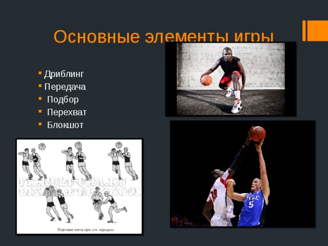 Основные элементы игры Дриблинг Передача  Подбор  Перехват  Блокшот 