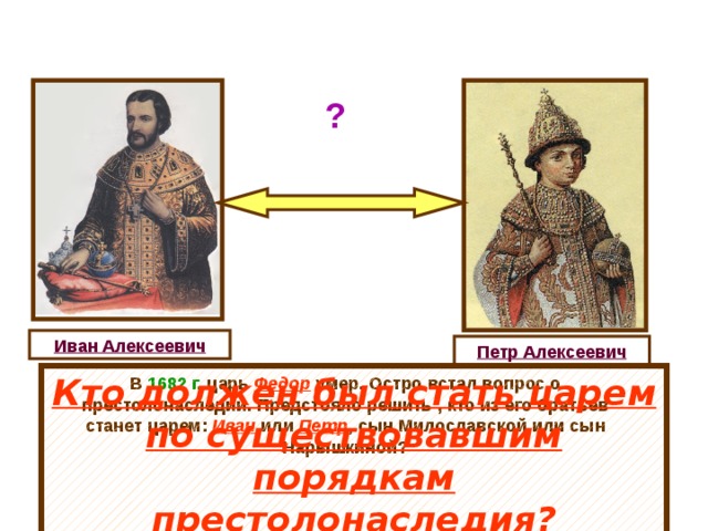 ? Иван Алексеевич Петр Алексеевич Кто должен был стать царем по существовавшим порядкам престолонаследия? В 1682 г. царь Федор умер. Остро встал вопрос о престолонаследии. Предстояло решить , кто из его братьев станет царем: Иван или Петр , сын Милославской или сын Нарышкиной?  