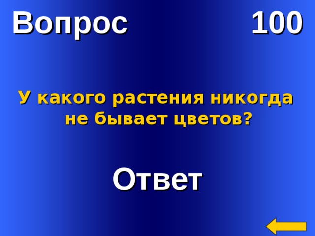 Вопрос 100 У какого растения никогда не бывает цветов? Ответ Welcome to Power Jeopardy   © Don Link, Indian Creek School, 2004 You can easily customize this template to create your own Jeopardy game. Simply follow the step-by-step instructions that appear on Slides 1-3. 2 