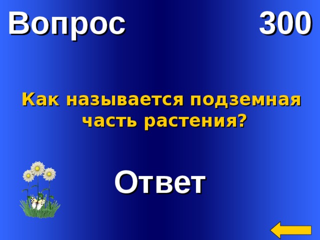 Вопрос 300 Как называется подземная  часть растения? Ответ Welcome to Power Jeopardy   © Don Link, Indian Creek School, 2004 You can easily customize this template to create your own Jeopardy game. Simply follow the step-by-step instructions that appear on Slides 1-3. 2 