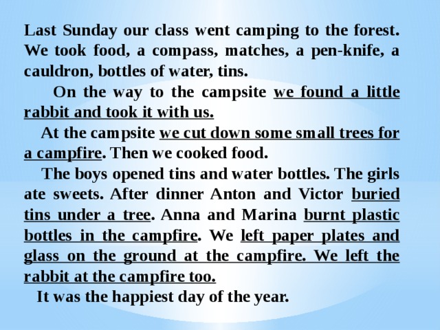 Last Sunday our class went camping to the forest. We took food, a compass, matches, a pen-knife, a cauldron, bottles of water, tins.  On the way to the campsite we found a little rabbit and took it with us.   At the campsite we cut down some small trees for a campfire . Then we cooked food.  The boys opened tins and water bottles. The girls ate sweets. After dinner Anton and Victor buried tins under a tree . Anna and Marina burnt plastic bottles in the campfire . We left paper plates and glass on the ground at the campfire. We left the rabbit at the campfire too.  It was the happiest day of the year. 